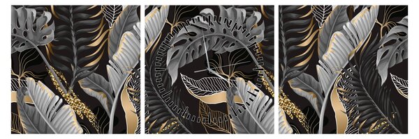 Tablou - Frunze tropicale, Galben - auriu (cu ceas) (90x30 cm)