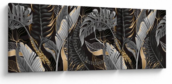 Tablou - Frunze tropicale, Galben - auriu (cu ceas) (90x30 cm)