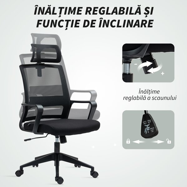 HOMCOM Scaun de Birou Ergonomic cu Tetieră, Înălțime Reglabilă și Funcție de Balansare, 60x64x102-112 cm, Negru | Aosom Romania