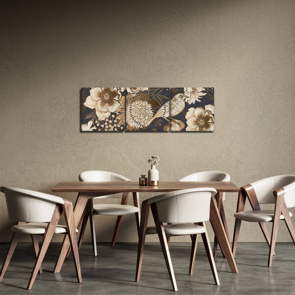 Tablou - Flori aurii pe fundal întunecat (cu ceas) (90x30 cm)