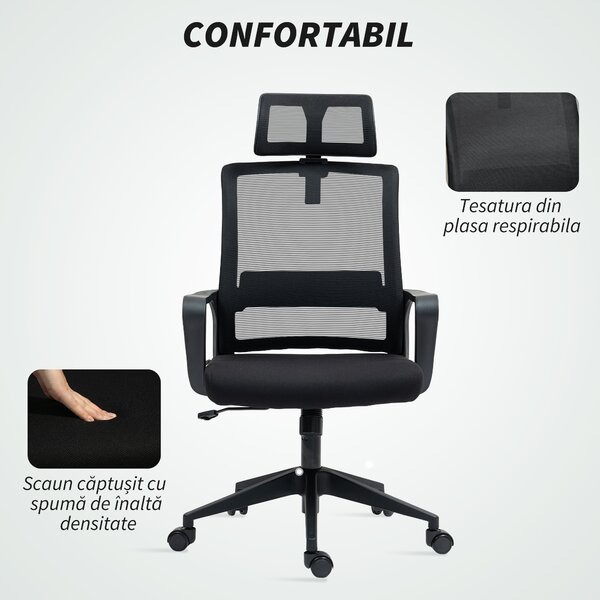 HOMCOM Scaun de Birou Ergonomic cu Tetieră, Înălțime Reglabilă și Funcție de Balansare, 60x64x102-112 cm, Negru | Aosom Romania