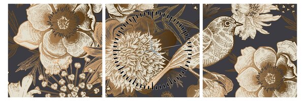 Tablou - Flori aurii pe fundal întunecat (cu ceas) (90x30 cm)