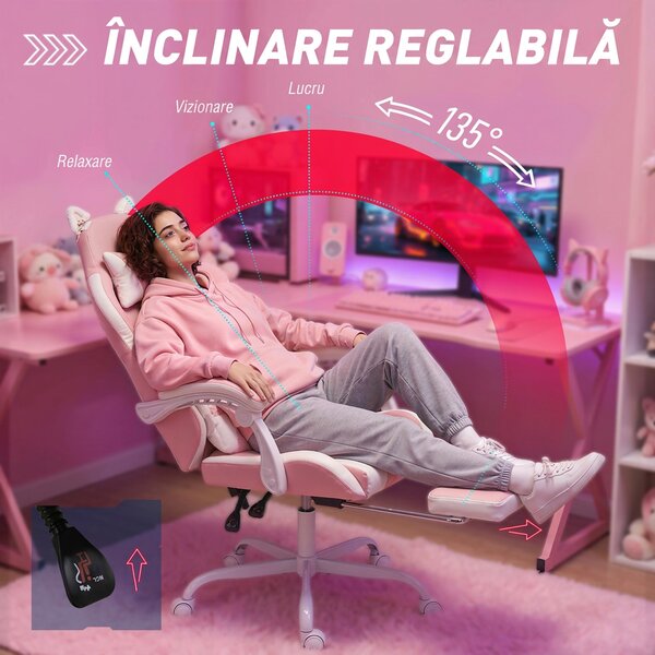 Vinsetto Scaun Gaming Ergonomic cu Urechi de Pisică, Fotoliu Gaming Birou Reclinabil din Piele Eco cu Suport pentru Picioare, Tetieră și Înălțime Reglabilă, Suport Lombar și Cervical, Roz | Aosom Romania
