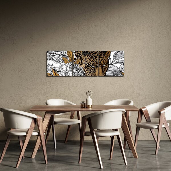 Tablou - Leopard între flori (cu ceas) (90x30 cm)