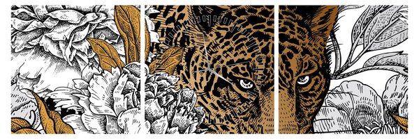 Tablou - Leopard între flori (cu ceas) (90x30 cm)