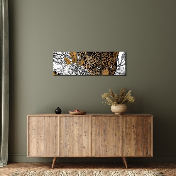 Tablou - Leopard între flori (cu ceas) (90x30 cm)