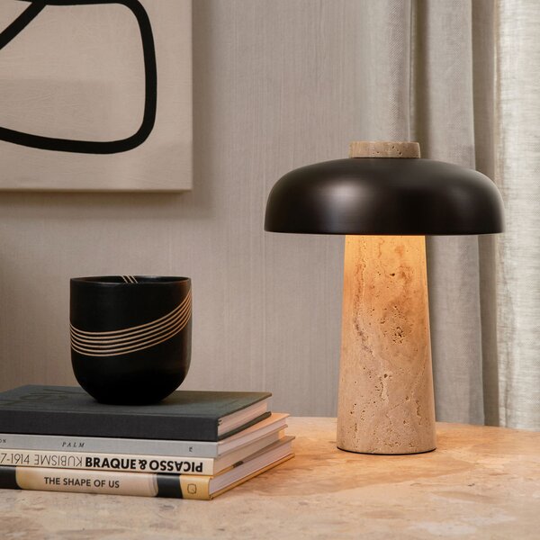 Audo Copenhagen LED lampă de masă Reverse, bronz, travertin, înălțime 30 cm, reglabil, Bej, Camera de zi / sufragerie, Piatră, Design