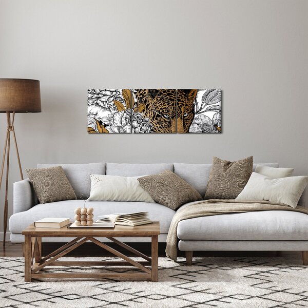 Tablou - Leopard între flori (cu ceas) (90x30 cm)