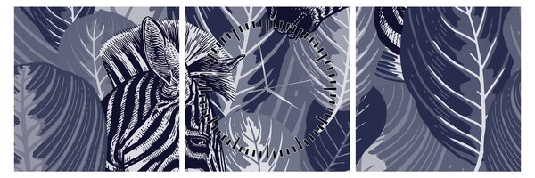 Tablou - Zebre între frunze (cu ceas) (90x30 cm)