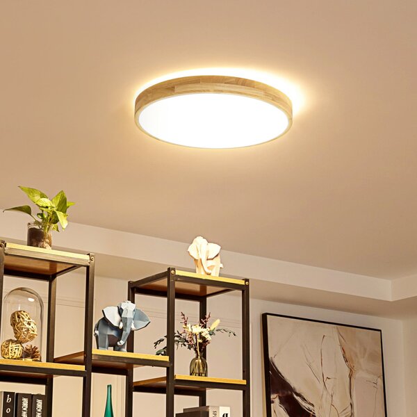 Lindby Smart plafonieră LED Innes lemn Ø51cm RGB CCT Tuya, reglabil, Lemn, Camera de zi / sufragerie, Lemn, Modern