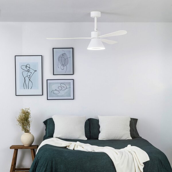 FARO BARCELONA Ventilator de tavan Amelia Cone cu lampă LED, alb, reglabil, Alb, Camera de zi / sufragerie, Plastic, Modern