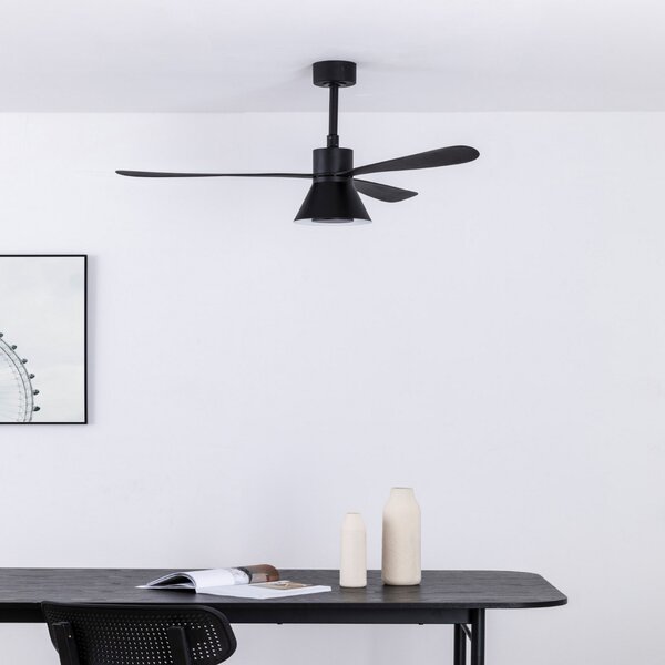 FARO BARCELONA Ventilator de tavan Amelia Cone, lampă LED negru, reglabil, Negru, Camera de zi / sufragerie, Plastic, Modern