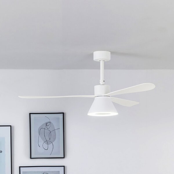 FARO BARCELONA Ventilator de tavan Amelia Cone cu lampă LED, alb, reglabil, Alb, Camera de zi / sufragerie, Plastic, Modern
