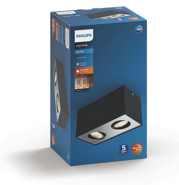 Philips myLiving Box spot LED, 2 becuri, negru, reglabil, Negru, Camera de zi / sufragerie, Metal, Plafon cu flacără multiplă