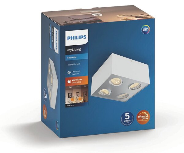 Philips myLiving Box spot LED, 4 becuri, alb, reglabil, Alb, Camera de zi / sufragerie, Metal, Plafon cu flacără multiplă