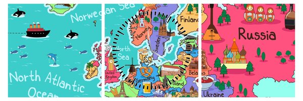 Tablou - Harta Europei pentru copii (cu ceas) (90x30 cm)