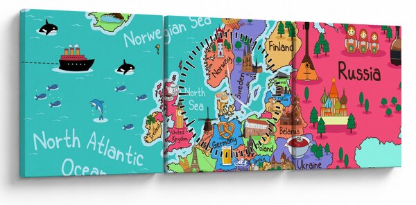 Tablou - Harta Europei pentru copii (cu ceas) (90x30 cm)