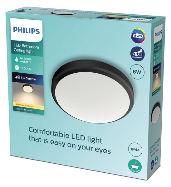 Philips Plafonieră cu LED Doris 2700K negru Ø28 cm, Negru, Camera de zi / sufragerie, Metal