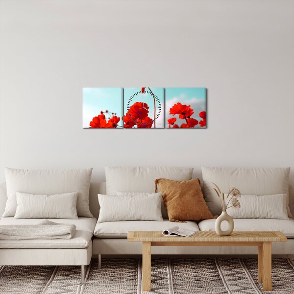 Tablou - Câmp cu flori roșu deschis (cu ceas) (90x30 cm)