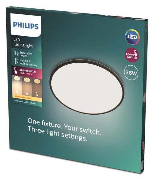 Philips Plafonieră SuperSlim 2.700K Ø54cm negru, reglabil, Negru, Studiu / Birou, Metal