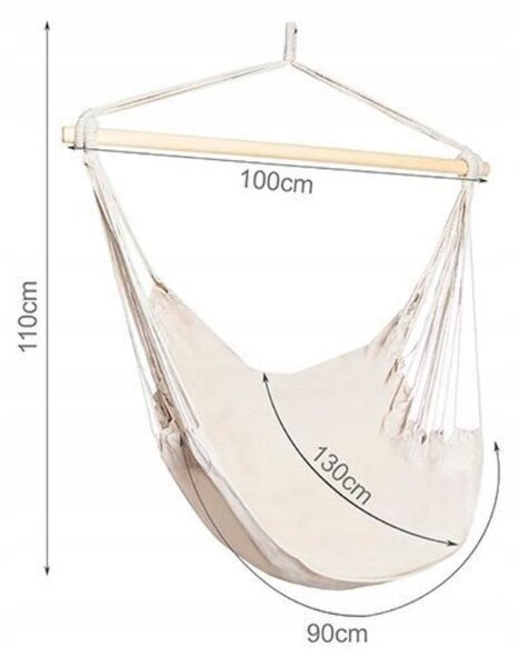 Hamac tip scaun, 100x130 cm, 2 perne, bara din lemn, bumbac bej