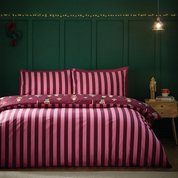 Lenjerie de pat roz-mov pentru pat de o persoană 135x200 cm Nutcracker Stripe – Catherine Lansfield
