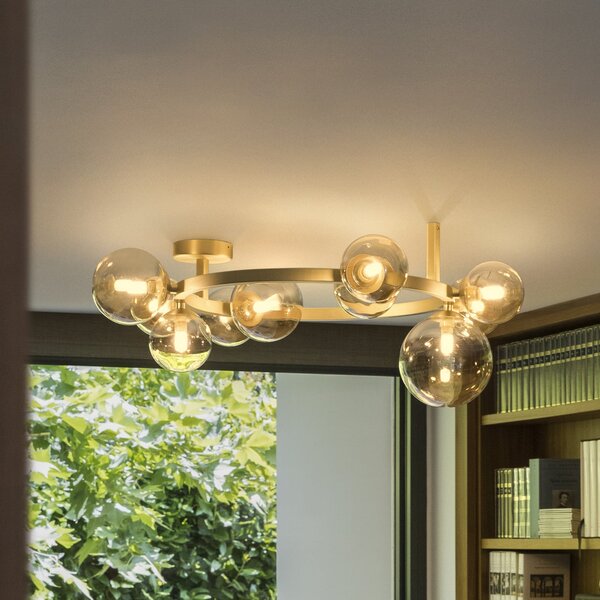 IDEAL LUX Plafonieră Perlage, alamă/chihlimbar, lungime 70 cm, 10 becuri, Auriu / Alamă, Camera de zi / sufragerie, Metal