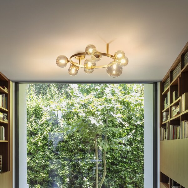 IDEAL LUX Plafonieră Perlage, alamă/chihlimbar, lungime 70 cm, 10 becuri, Auriu / Alamă, Camera de zi / sufragerie, Metal