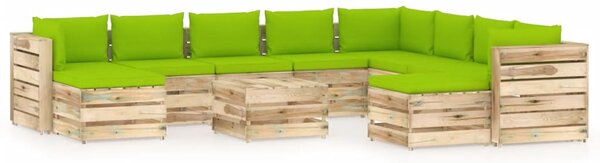 Set mobilier grădină cu perne, 11 piese, lemn verde tratat