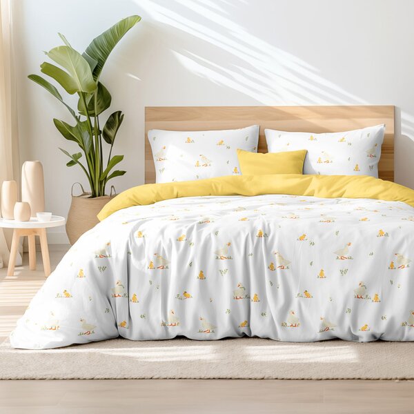 Goldea lenjerie de pat din 100% bumbac duo - rățuște vesele cu galben 150 x 200 și 50 x 60 cm