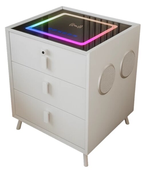 Noptiera inteligenta cu încărcare wireless și iluminare LED –culoare: alb, 3 Sertare de depozitare, difuzor Bluetooth