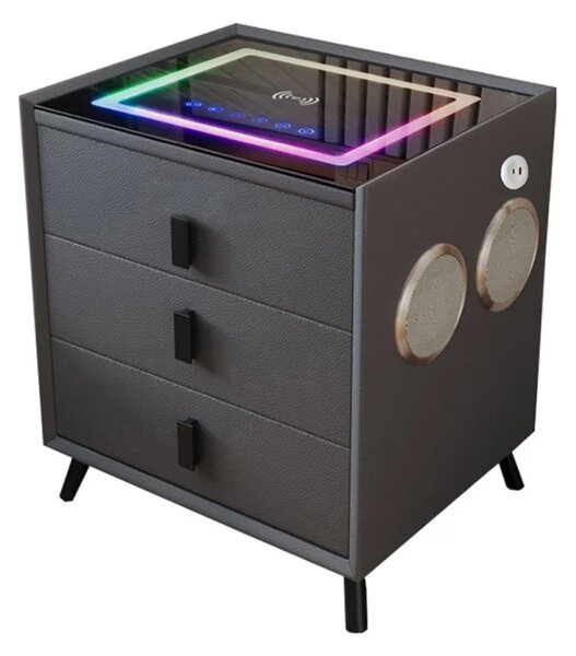 Noptiera inteligenta cu încărcare wireless și iluminare LED –culoare: gri antracit, 3 Sertare de depozitare, difuzor Bluetooth