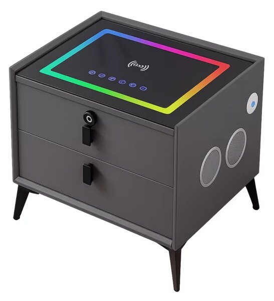 Noptiera inteligenta cu încărcare wireless și iluminare LED –culoare gri antracit, 2 Sertare de depozitare, difuzor Bluetooth
