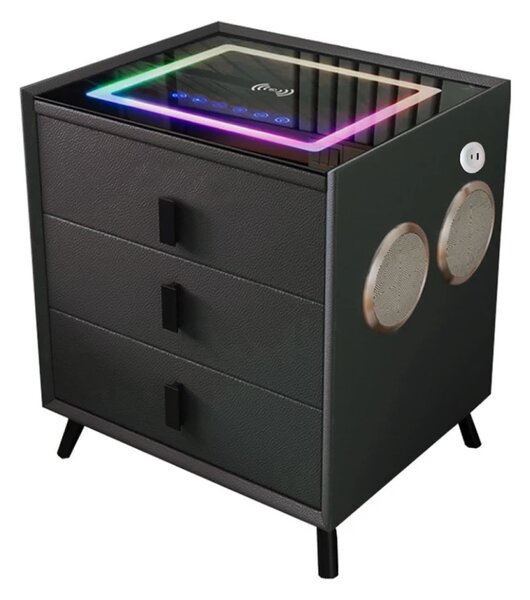 Noptiera inteligenta cu încărcare wireless și iluminare LED –culoare: negru, 3 Sertare de depozitare, difuzor Bluetooth