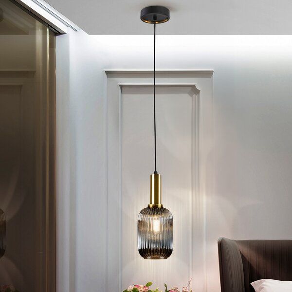 Schuller Valencia Lampă suspendată Norma, Ø 14 cm, negru/zahăr, sticlă, E27, reglabil, Auriu / Alamă, Camera de zi / sufragerie, Metal