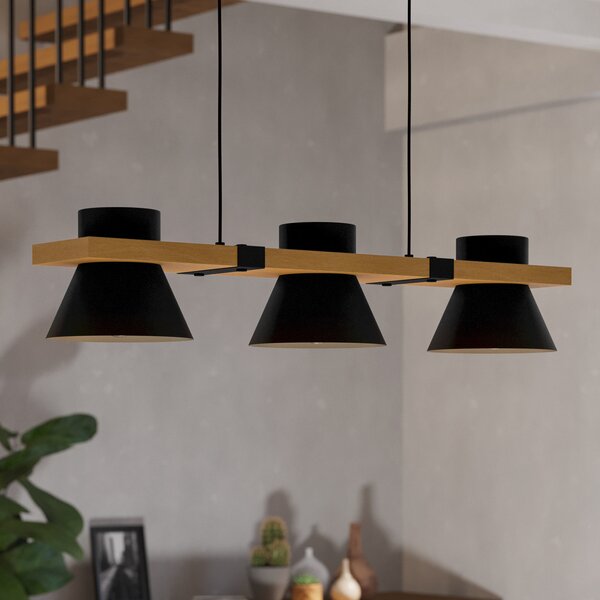 EGLO Maccles lampă suspendată negru cu lemn, 3 becuri, reglabil, Negru, Camera de zi / sufragerie, Metal