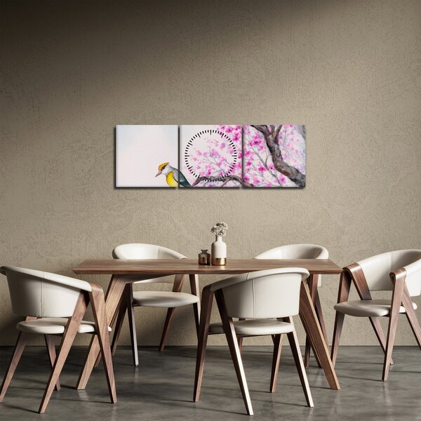 Tablou - Pasăre pe un copac cu flori roz (cu ceas) (90x30 cm)