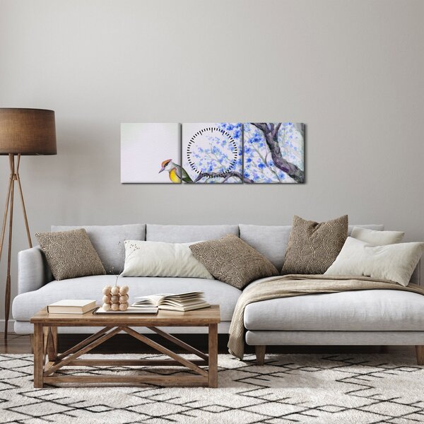 Tablou - Pasăre pe un copac cu flori albastre (cu ceas) (90x30 cm)