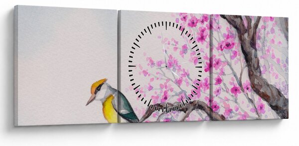 Tablou - Pasăre pe un copac cu flori roz (cu ceas) (90x30 cm)