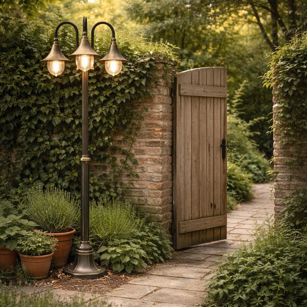 Felinar clasic de exterior negru cu auriu antic 200cm 3 lumini IP44 - Daphne