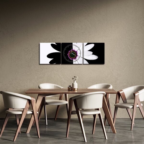 Tablou - Floare, alb- negru (cu ceas) (90x30 cm)