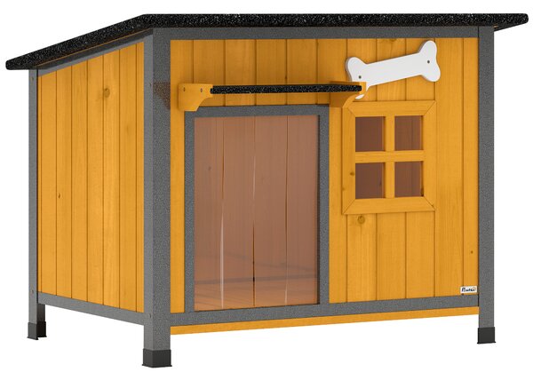 PawHut Cușcă pentru câini de exterior din lemn și oțel rezistent la mușcături, cu acoperiș rabatabil și perdea pentru ușă, galben | Aosom Romania