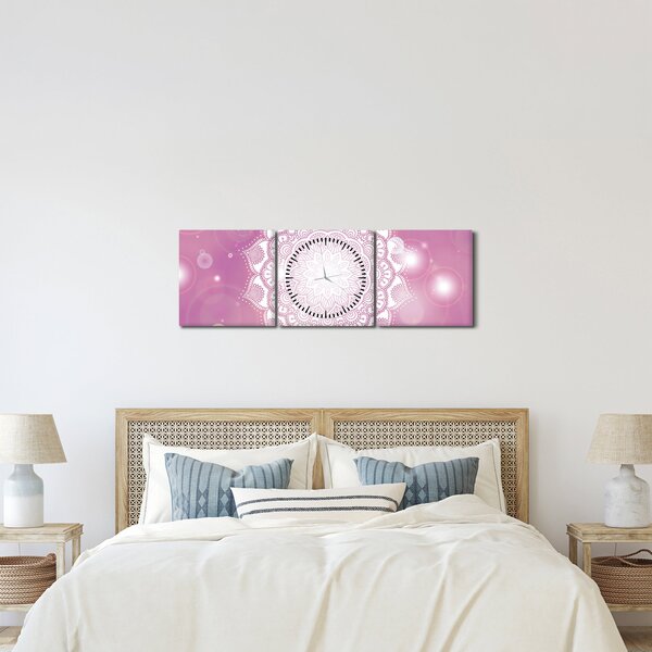 Tablou - Mandala pe fundal roz (cu ceas) (90x30 cm)