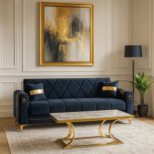 Canapea extensibila cu lada de depozitare 220x87x93 cm ,albastru, detalii aurii –Camara
