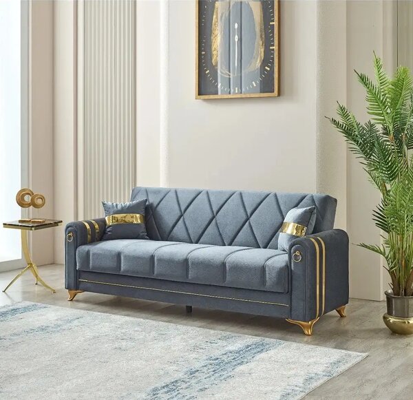 Canapea extensibila cu lada de depozitare 220x87x93 cm ,albastru, detalii aurii –Camara