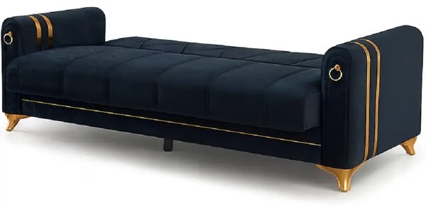 Canapea extensibila cu lada de depozitare 220x87x93 cm ,albastru, detalii aurii –Camara