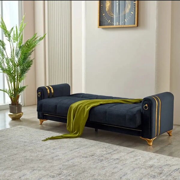 Canapea extensibila cu lada de depozitare 220x87x93 cm , detalii aurii –Camara
