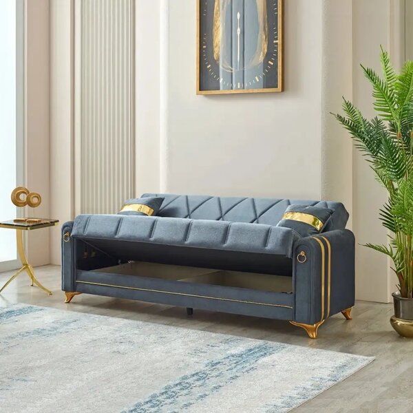 Canapea extensibila cu lada de depozitare 220x87x93 cm ,albastru, detalii aurii –Camara