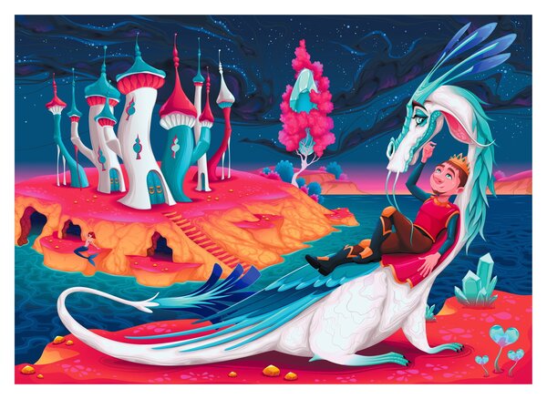 Tablou pe sticlă - Prinț și prințesa cu dragon (70x50 cm)