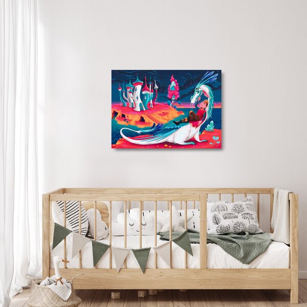 Tablou pe sticlă - Prinț și prințesa cu dragon (70x50 cm)